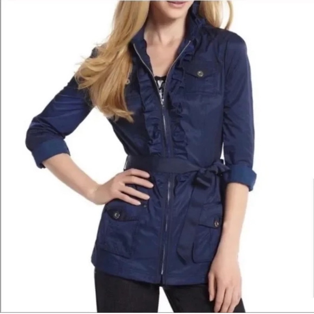 White House Black Market Utility Navy Ruffle Front Jacket with Cinching Belt